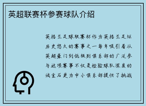 英超联赛杯参赛球队介绍