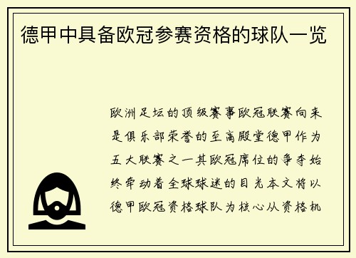 德甲中具备欧冠参赛资格的球队一览